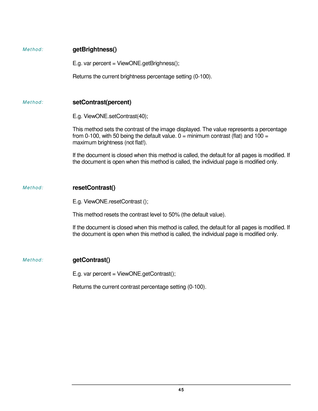 JAVA Tech VERSION 3.0 manual Method getBrightness, Method setContrastpercent, Method resetContrast, Method getContrast 