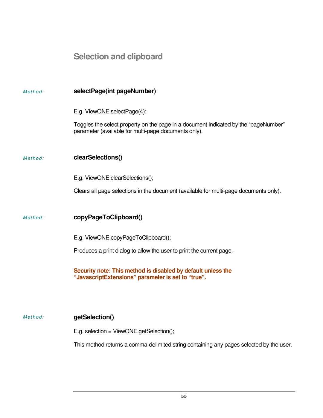 JAVA Tech VERSION 3.0 manual Selection and clipboard, Method selectPageint pageNumber, Method clearSelections 