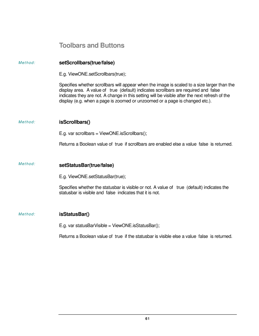 JAVA Tech VERSION 3.0 manual Toolbars and Buttons, Method setScrollbarstrue/false, IsScrollbars, SetStatusBartrue/false 