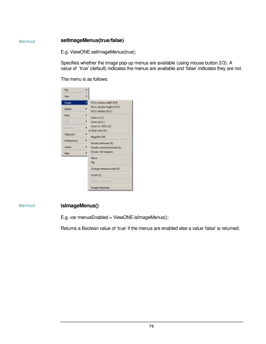 JAVA Tech VERSION 3.0 manual SetImageMenustrue/false, IsImageMenus, ViewONE.setImageMenustrue 
