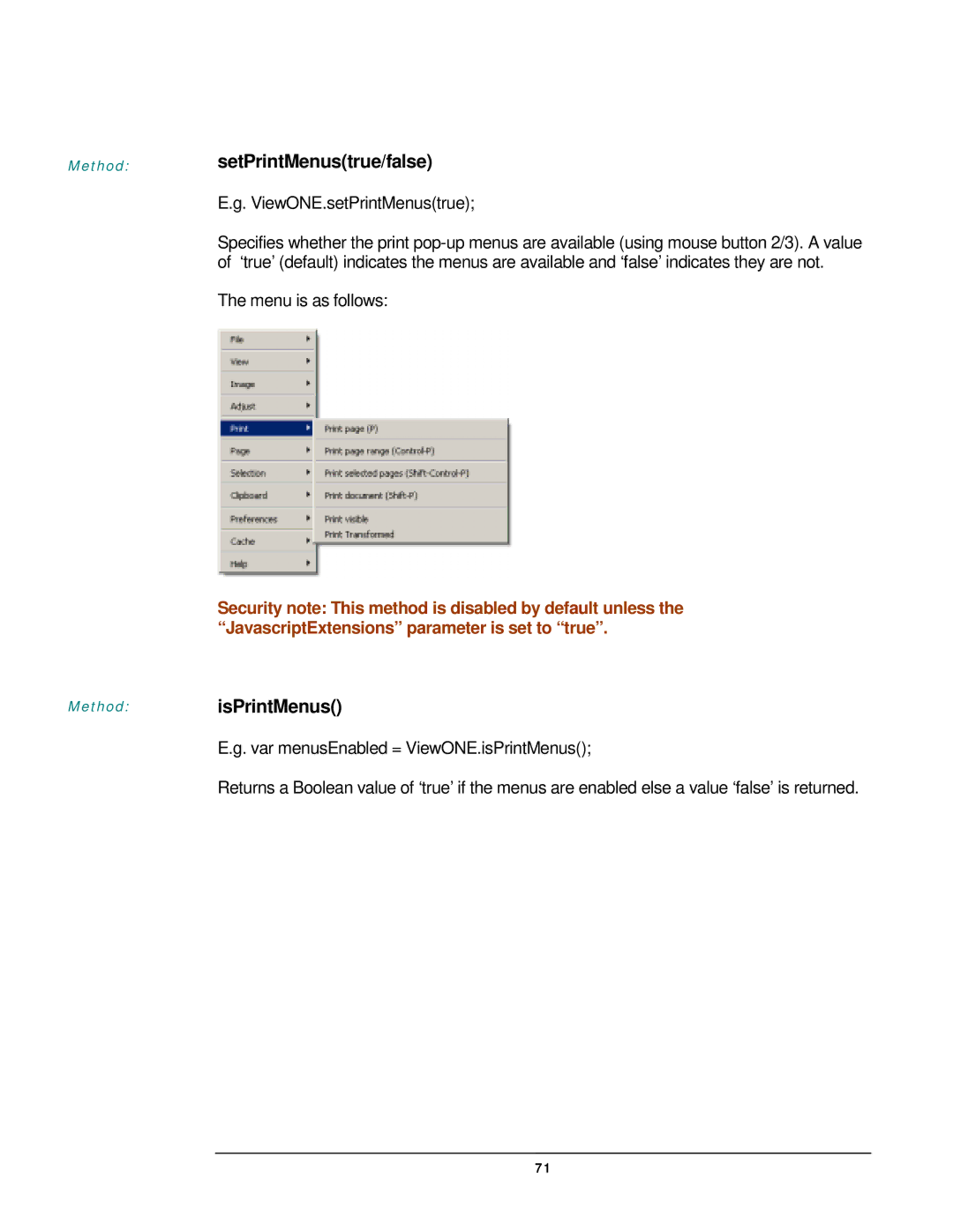 JAVA Tech VERSION 3.0 manual SetPrintMenustrue/false, IsPrintMenus, ViewONE.setPrintMenustrue 