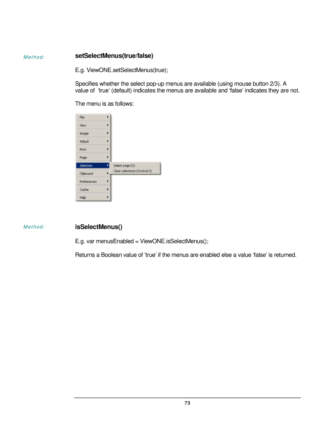 JAVA Tech VERSION 3.0 manual SetSelectMenustrue/false, IsSelectMenus, ViewONE.setSelectMenustrue 