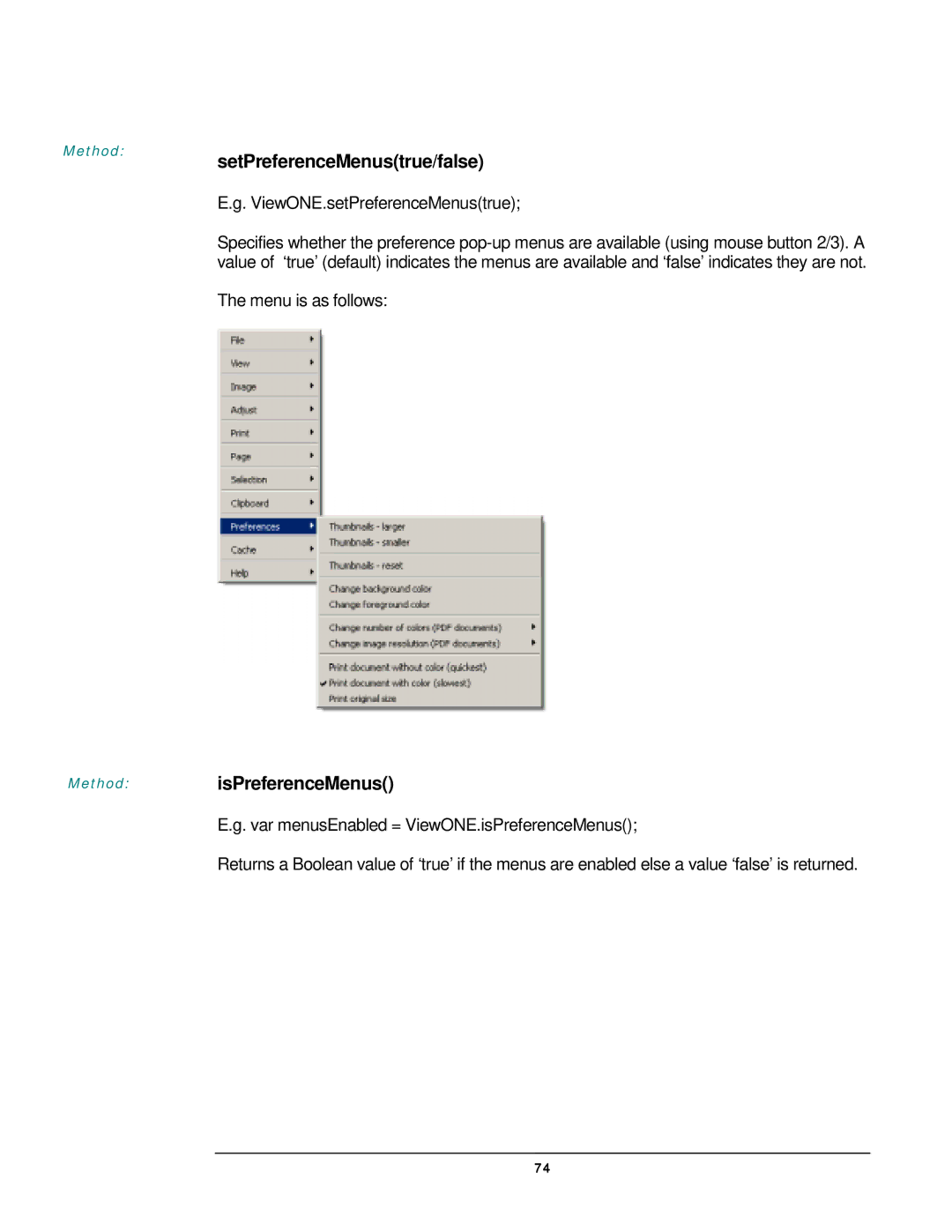 JAVA Tech VERSION 3.0 manual SetPreferenceMenustrue/false, IsPreferenceMenus, ViewONE.setPreferenceMenustrue 