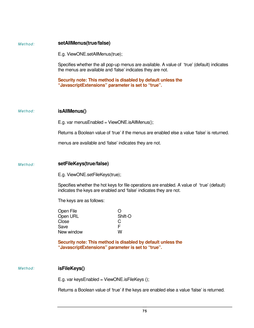 JAVA Tech VERSION 3.0 manual SetAllMenustrue/false, IsAllMenus, SetFileKeystrue/false, IsFileKeys, Close Save New window 