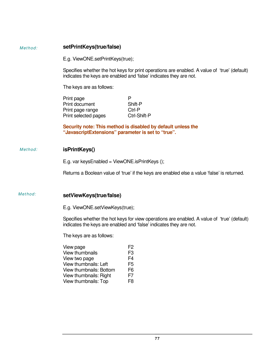 JAVA Tech VERSION 3.0 manual SetPrintKeystrue/false, IsPrintKeys, SetViewKeystrue/false 