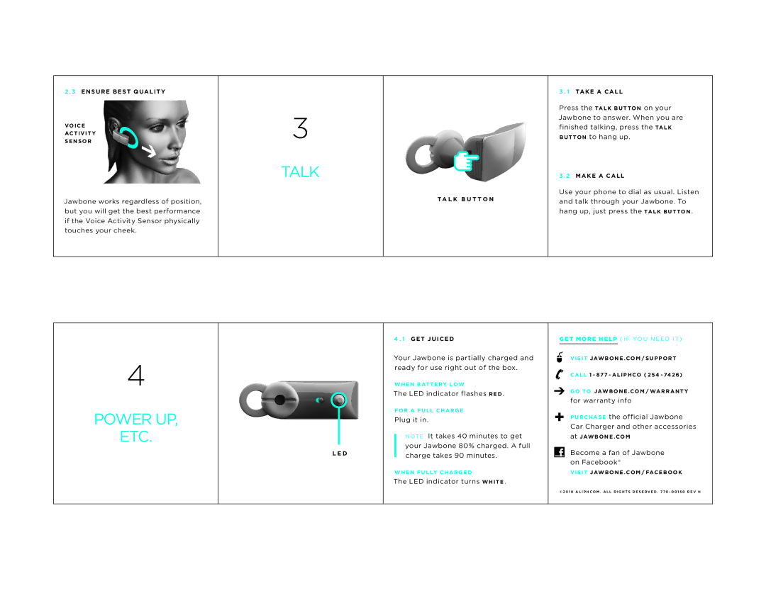 Jawbone Icon manual Talk, Power UP ETC, LED indicator flashes RED, LED indicator turns White 