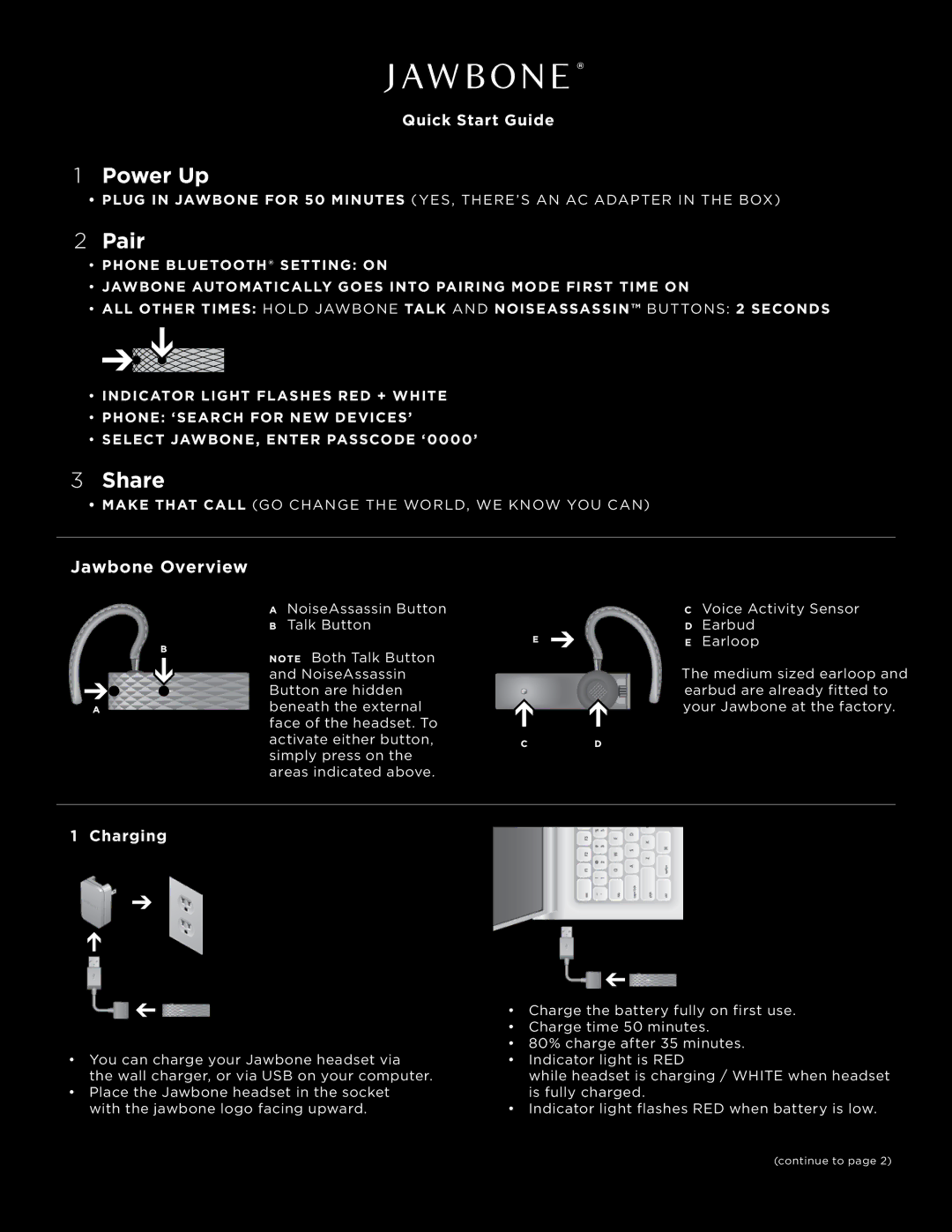 Jawbone Jawbone 2 manual Power Up, Pair, Share, Jawbone Overview 