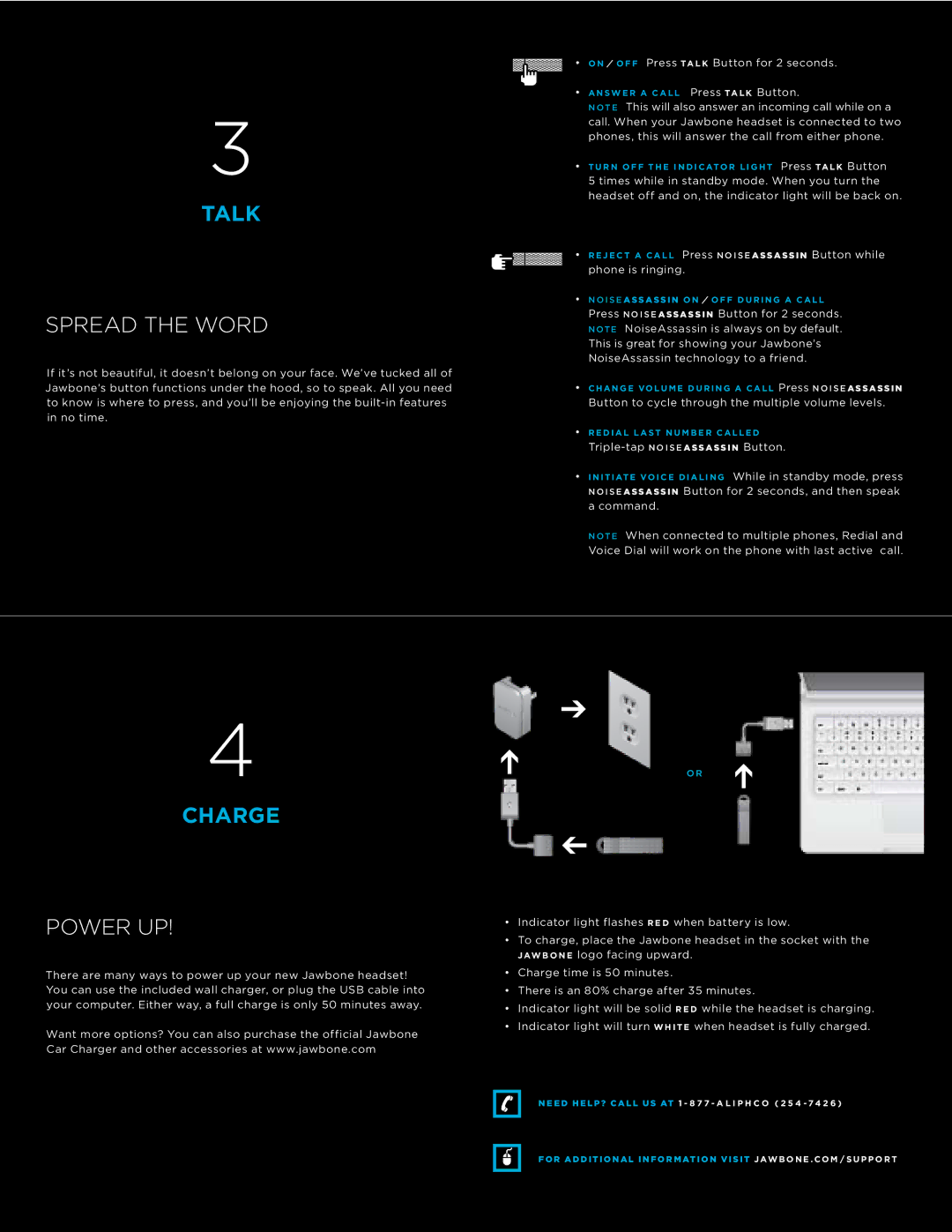 Jawbone Prime manual Talk, Spread the Word, Charge, Power UP 