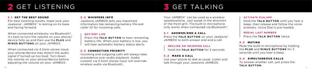 Jawbone SPA-K901 manual GET Listening, GET Talking 