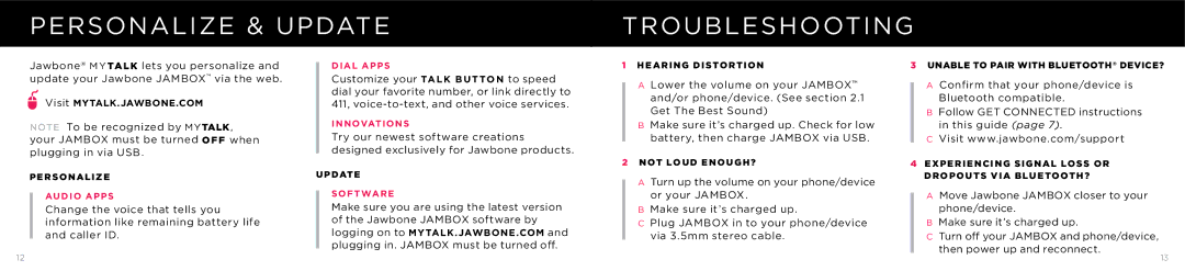 Jawbone SPA-K901 manual Personalize & Update Troubleshooting 