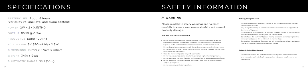 Jawbone SPA-K901 manual Specifications Safety Information, WAR N in G 