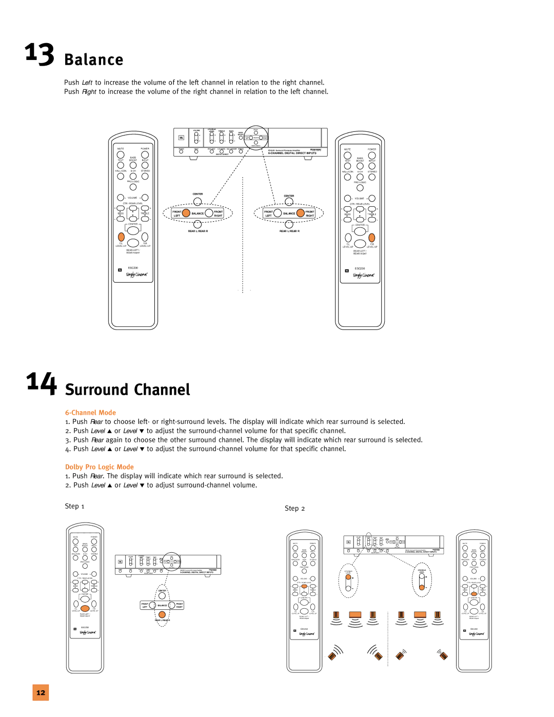 JBL 120V setup guide Balance, Surround Channel, Channel Mode, Dolby Pro Logic Mode 