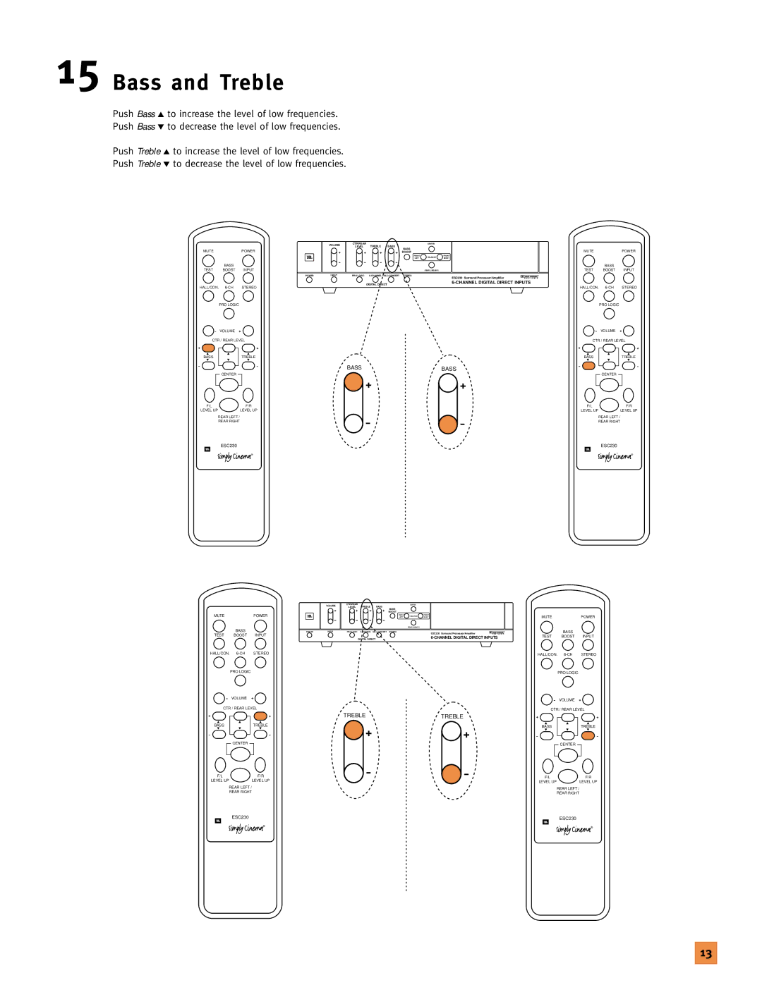 JBL 120V setup guide Bass and Treble, Bass Test Boost Input, Level UP 