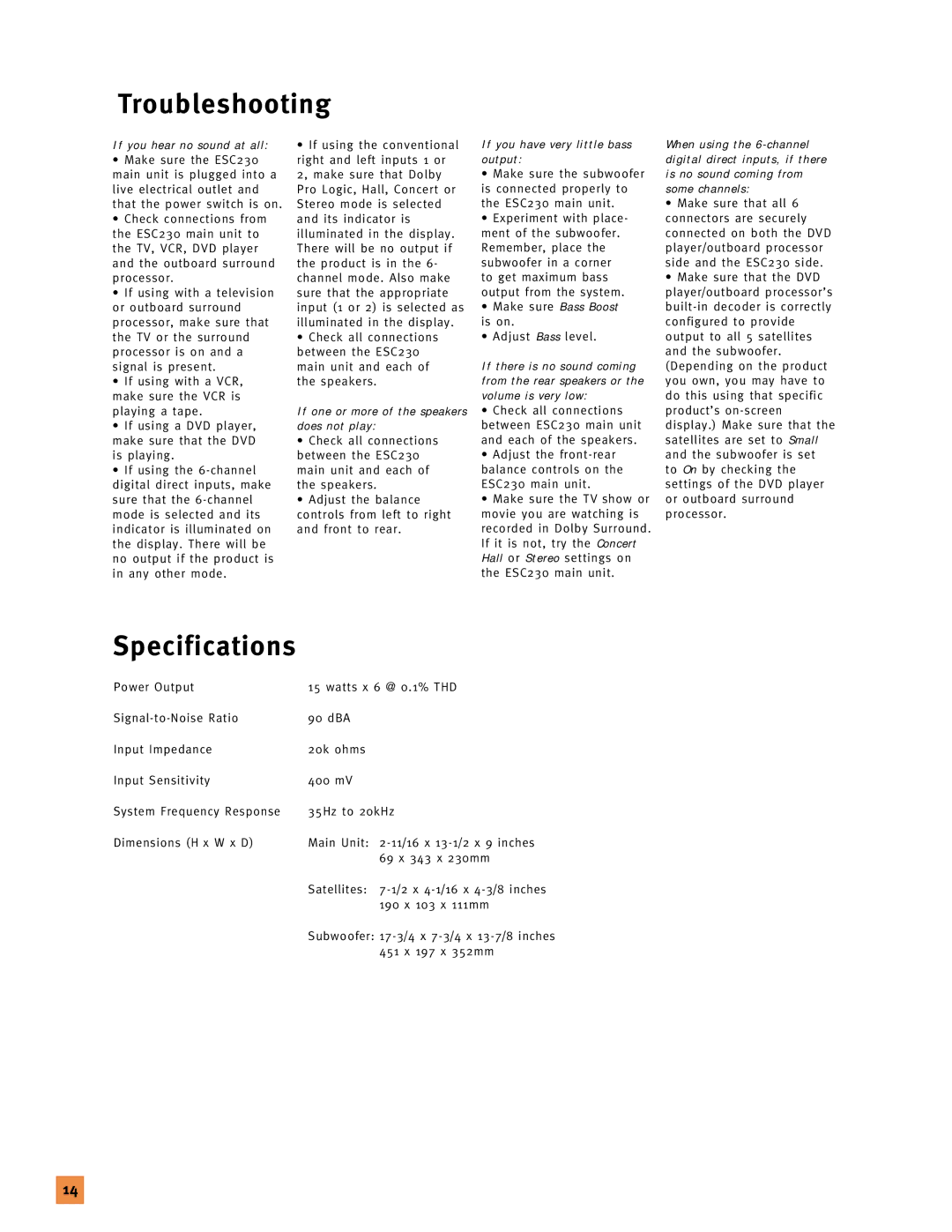 JBL 120V setup guide Troubleshooting, Specifications 