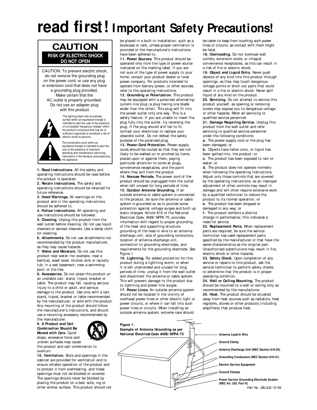 JBL 120V setup guide Read ﬁrst! Important Safety Precautions 