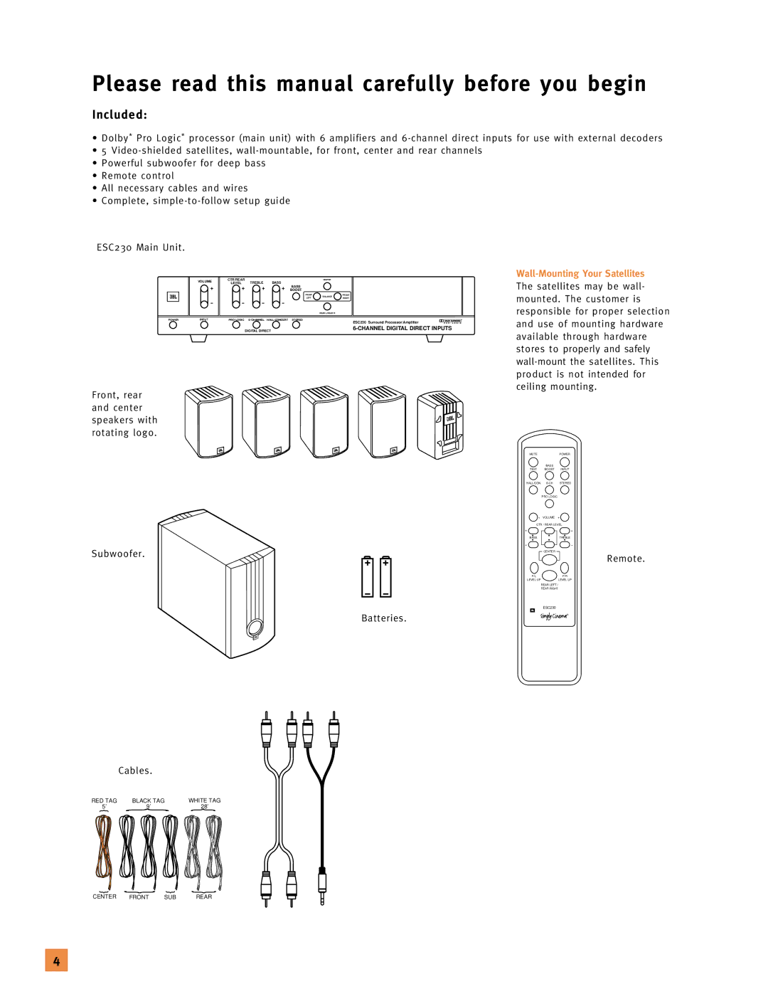 JBL 120V setup guide Please read this manual carefully before you begin, Wall-Mounting Your Satellites, Remote, Cables 