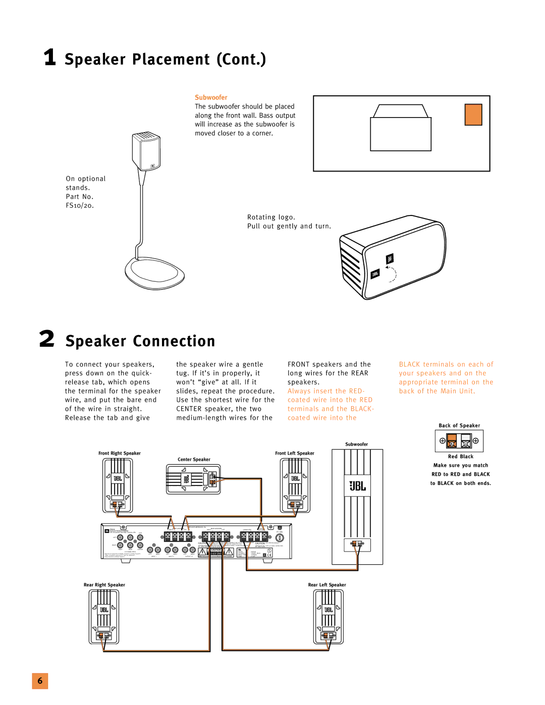 JBL 120V setup guide Speaker Connection, Subwoofer, Wire, and put the bare end Use the shortest wire for 