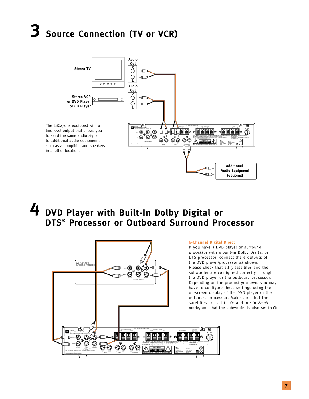 JBL 120V setup guide Source Connection TV or VCR, Channel Digital Direct 