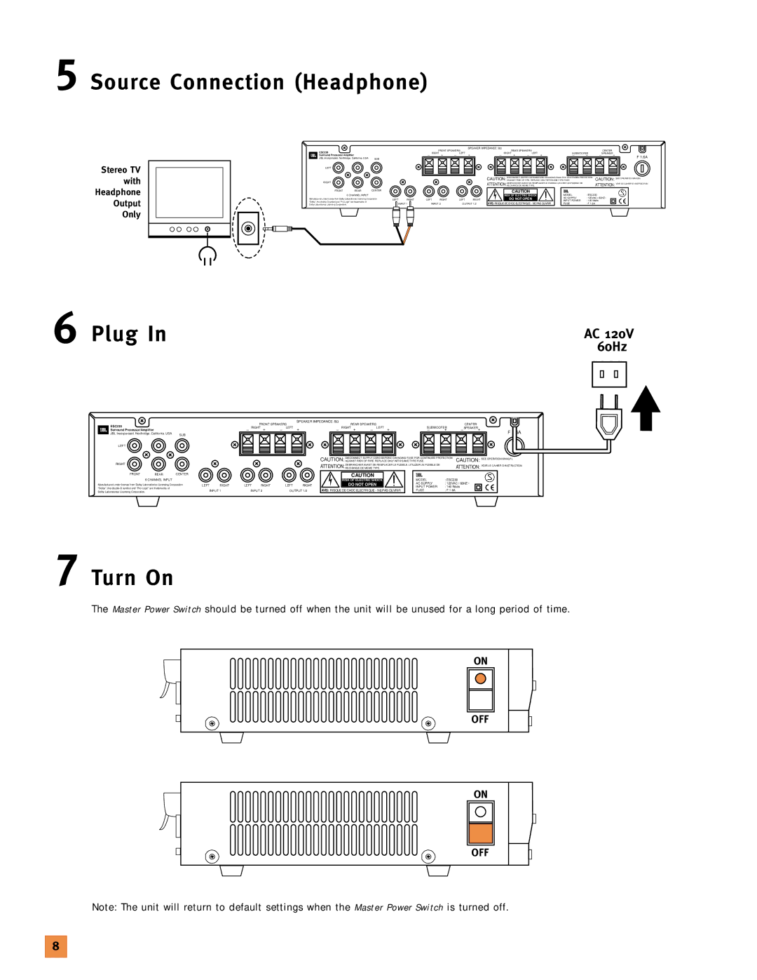 JBL 120V setup guide Source Connection Headphone, Plug, Turn On 