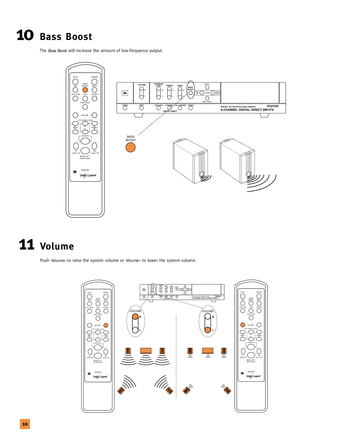 JBL 120V setup guide Volume, Bass Boost will increase the amount of low-frequency output 