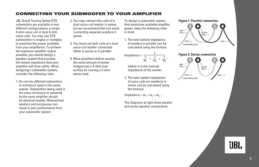 JBL 1514D, 1214D, 1014D owner manual Connecting Your Subwoofer to Your Amplifier, Either in series or in parallel 