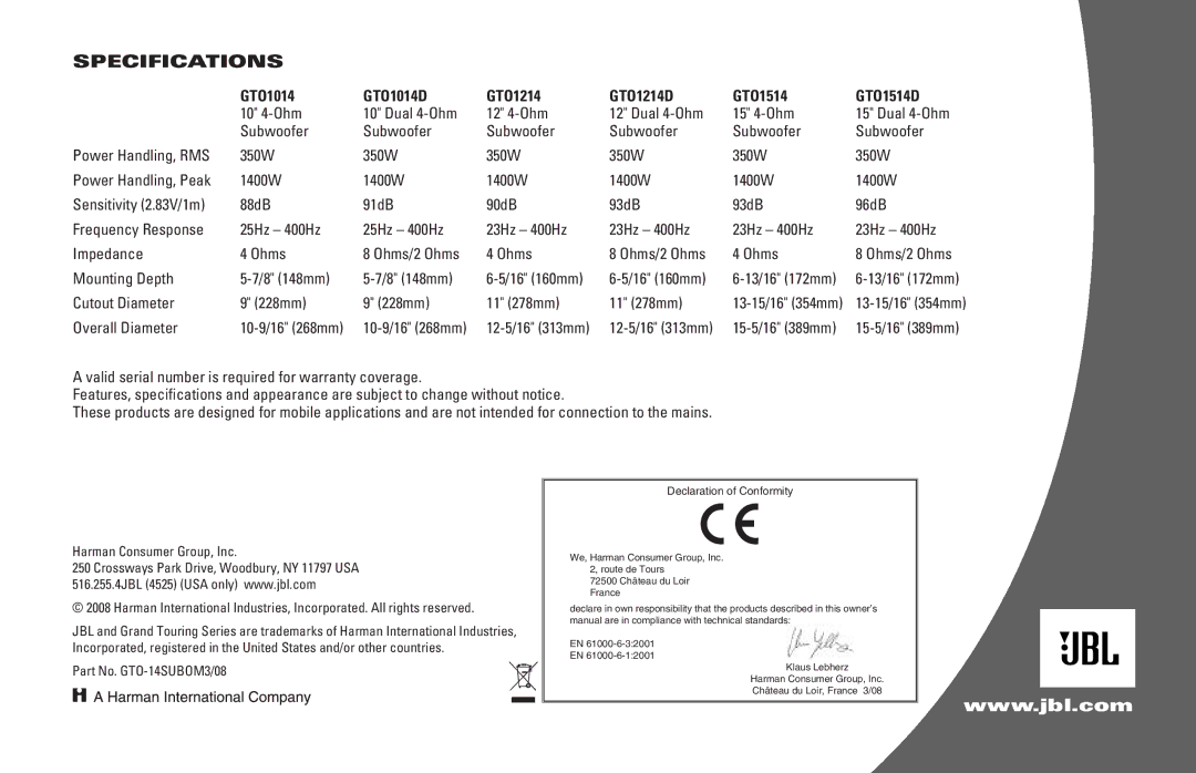 JBL owner manual Specifications, GTO1014 GTO1014D GTO1214 GTO1214D GTO1514 GTO1514D 