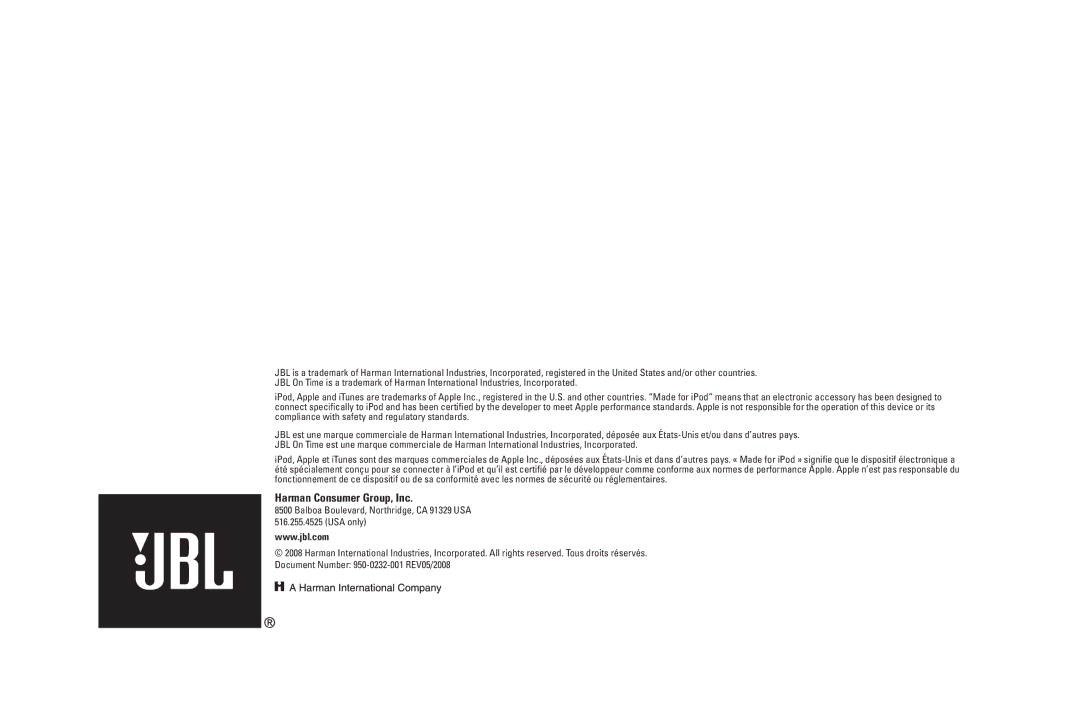 JBL 200 ID manual Harman Consumer Group, Inc 