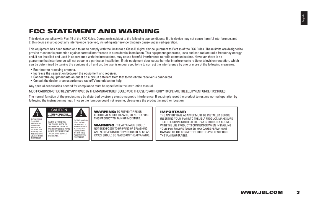 JBL 200 ID manual FCC Statement and Warning 