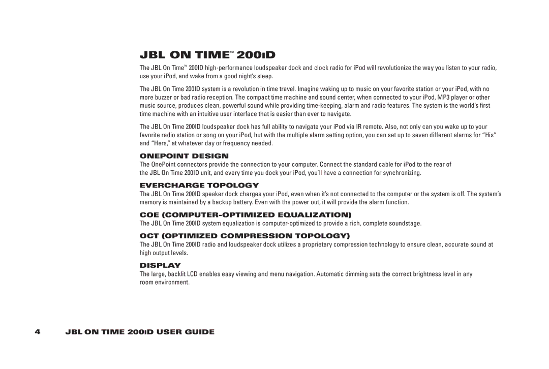 JBL 200 ID manual Jbl On Time 200iD, OnePoint design, Evercharge topology, COE Computer-Optimized Equalization 