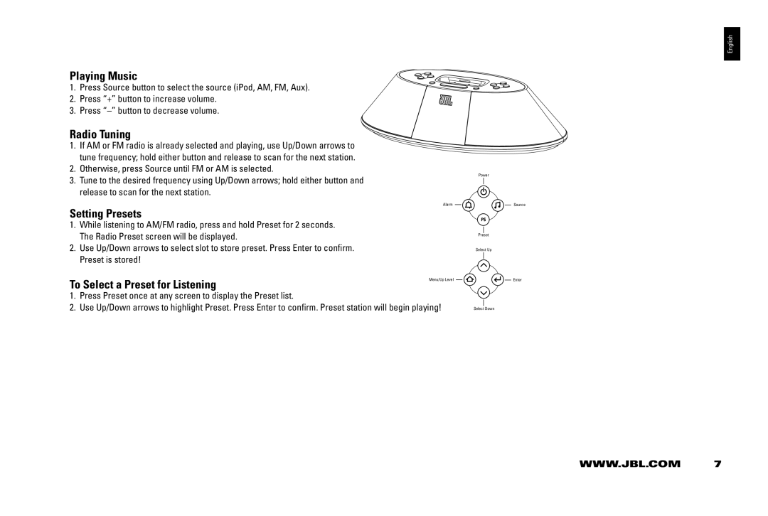 JBL 200 ID manual Playing Music, Radio Tuning, Setting Presets, To Select a Preset for Listening 