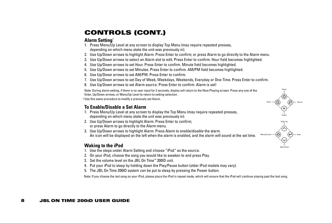 JBL 200 ID manual Alarm Setting†, To Enable/Disable a Set Alarm, Waking to the iPod 