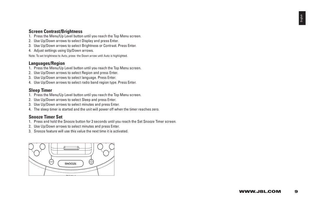 JBL 200 ID manual Screen Contrast/Brightness, Languages/Region, Sleep Timer, Snooze Timer Set 