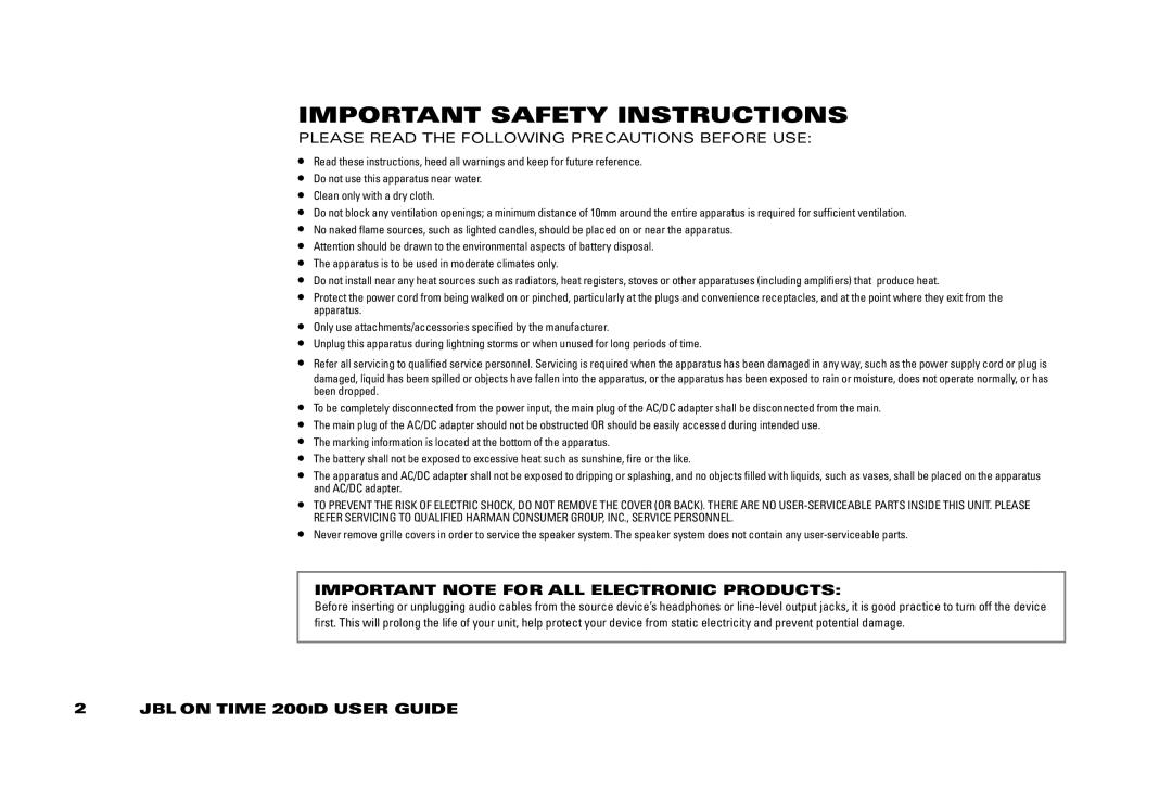 JBL 200 ID manual Important Safety Instructions, Important Note for All Electronic Products, JBL On Time 200iD USER GUIDE 