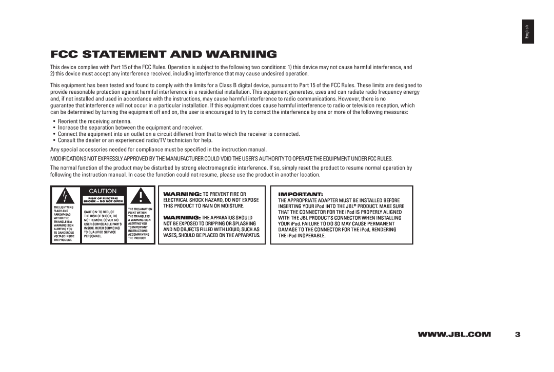 JBL 200 ID manual Fcc Statement And Warning 