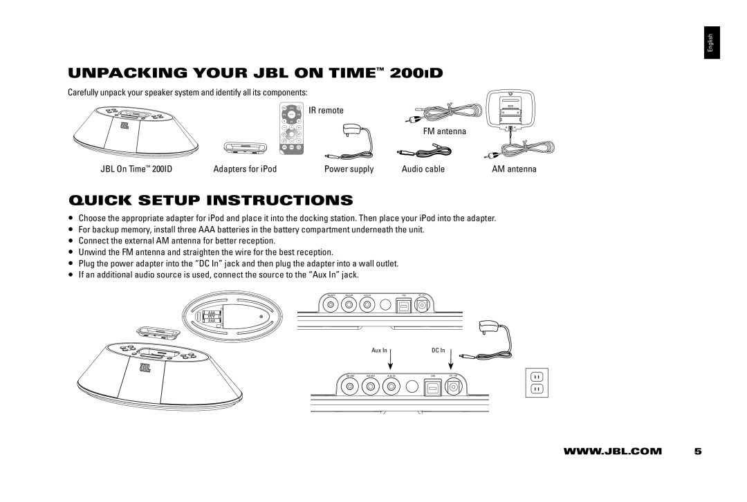 JBL 200 ID manual Unpacking your JBL On Time 200iD, Quick setup instructions 