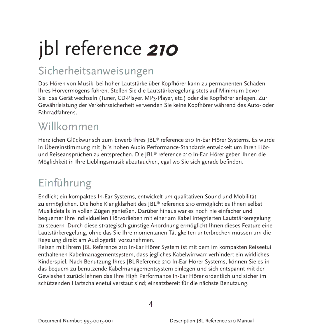 JBL 210 manual Sicherheitsanweisungen, Willkommen, Einführung 