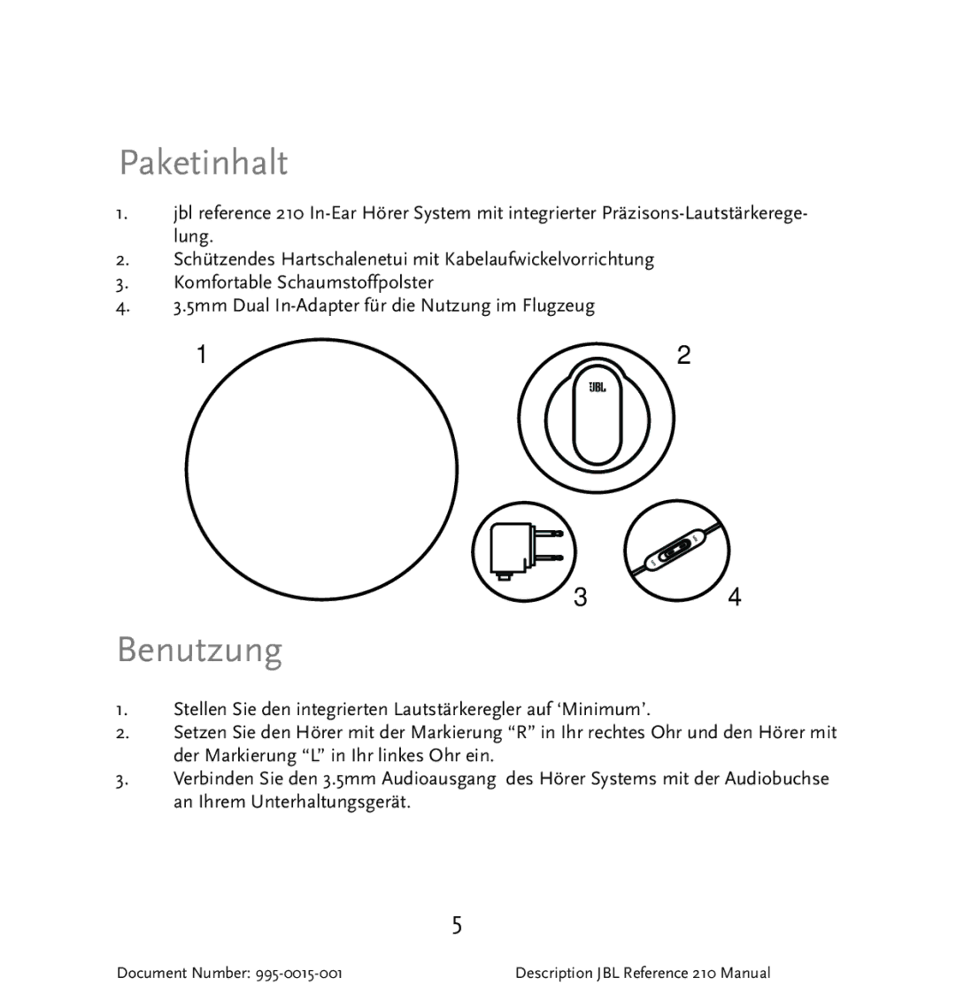 JBL 210 manual Paketinhalt, Benutzung 