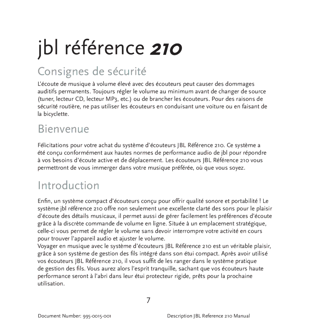 JBL 210 manual Consignes de sécurité, Bienvenue 