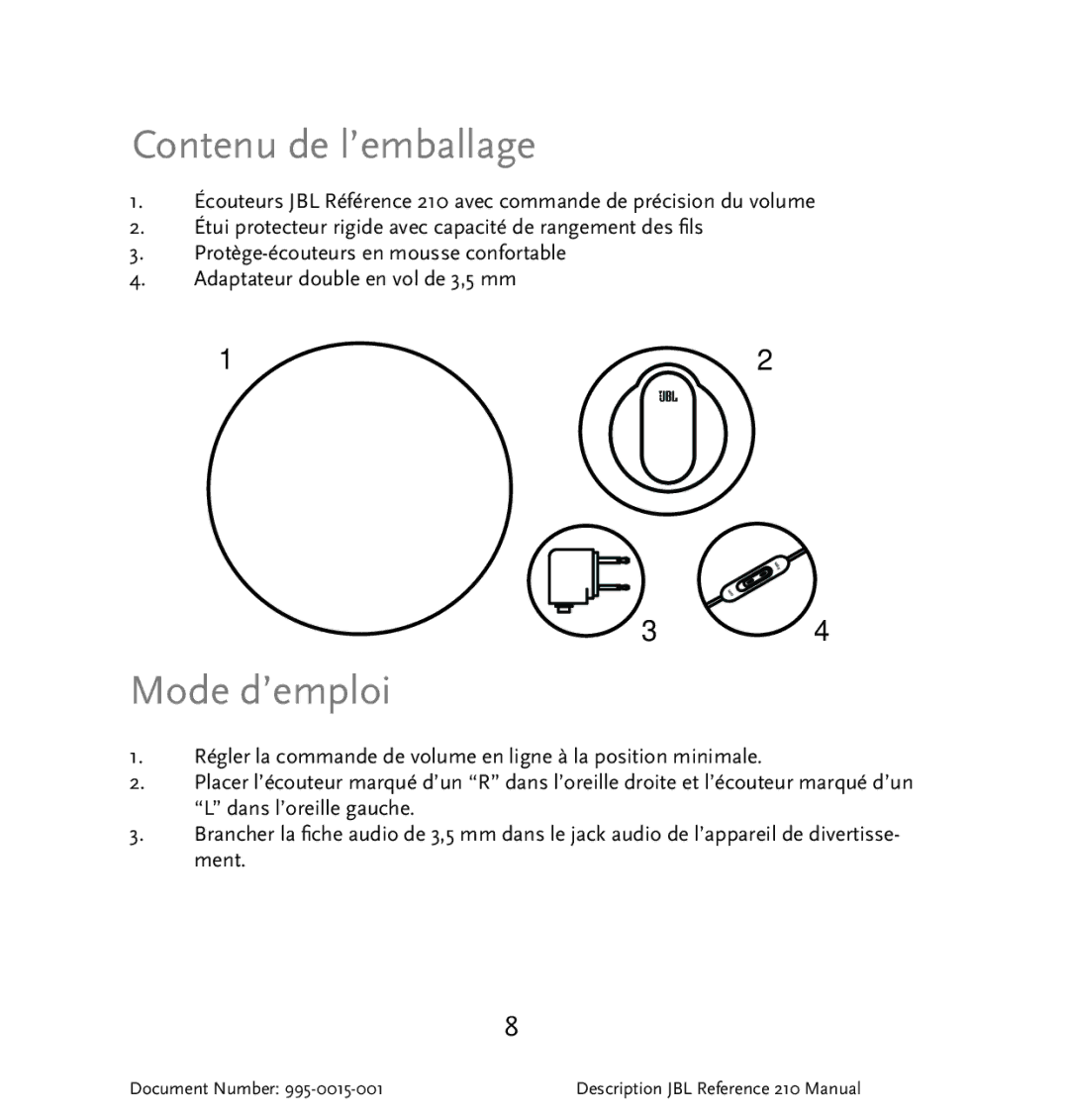 JBL 210 manual Contenu de l’emballage, Mode d’emploi 