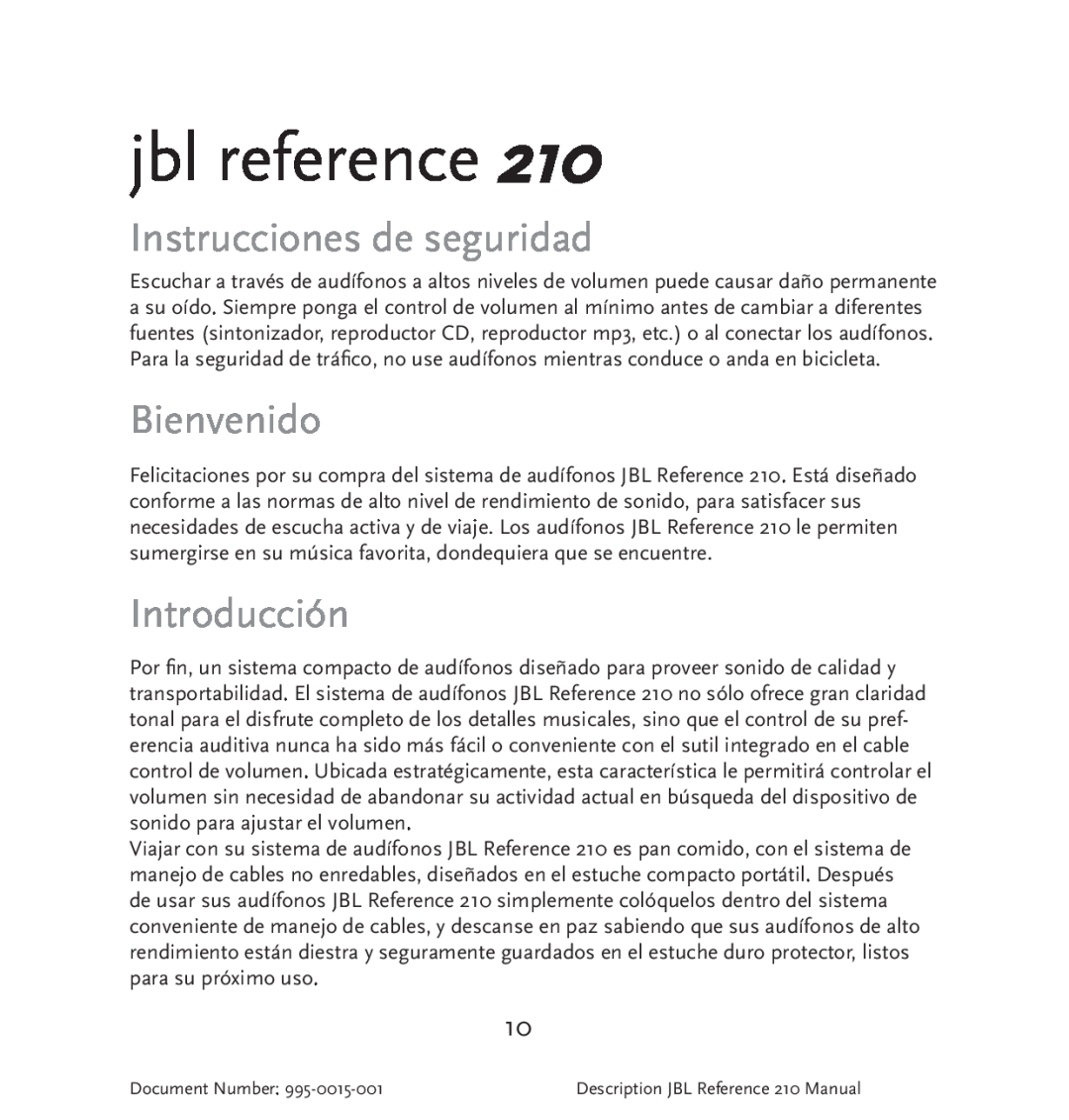 JBL 210 manual Instrucciones de seguridad, Bienvenido, Introducción, jbl reference 