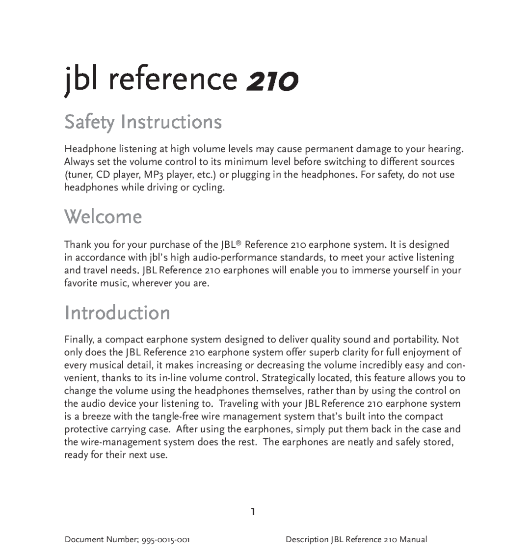 JBL 210 manual jbl reference, Safety Instructions, Welcome, Introduction 