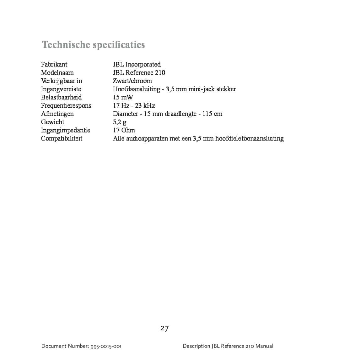 JBL 210 manual Technische specificaties 