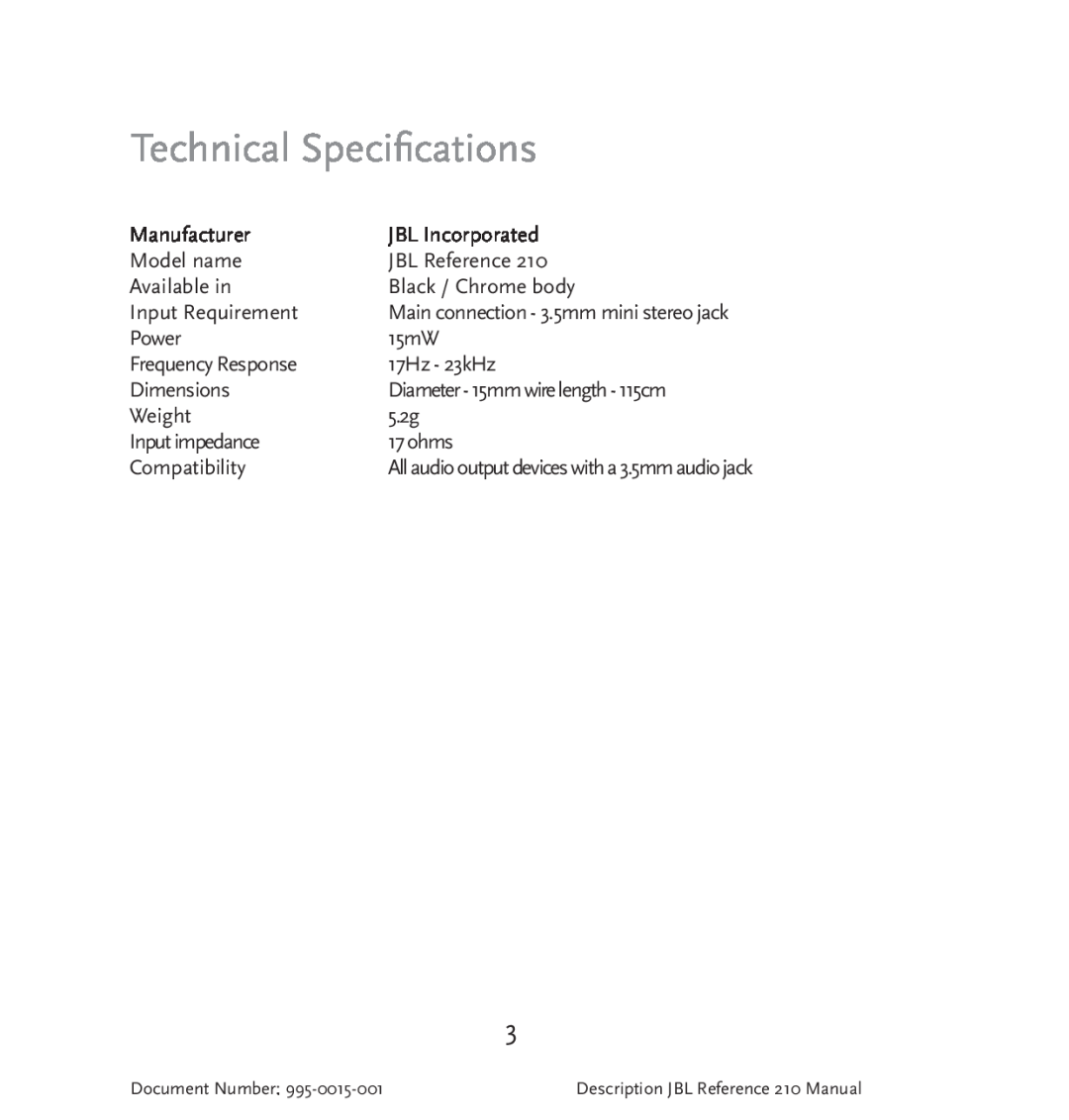 JBL 210 manual Technical Specifications 