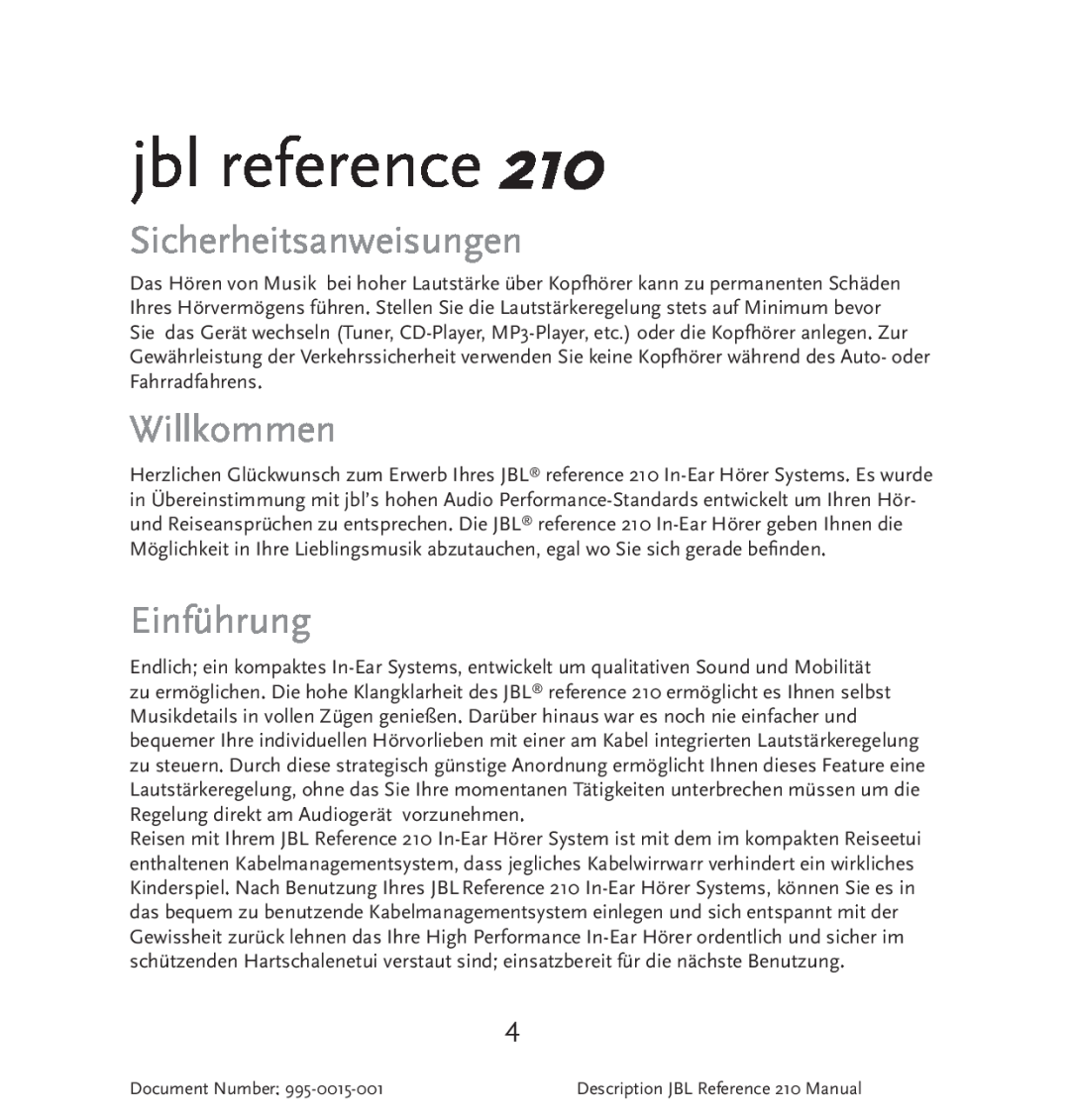 JBL 210 manual Sicherheitsanweisungen, Willkommen, Einführung, jbl reference, Document Number 