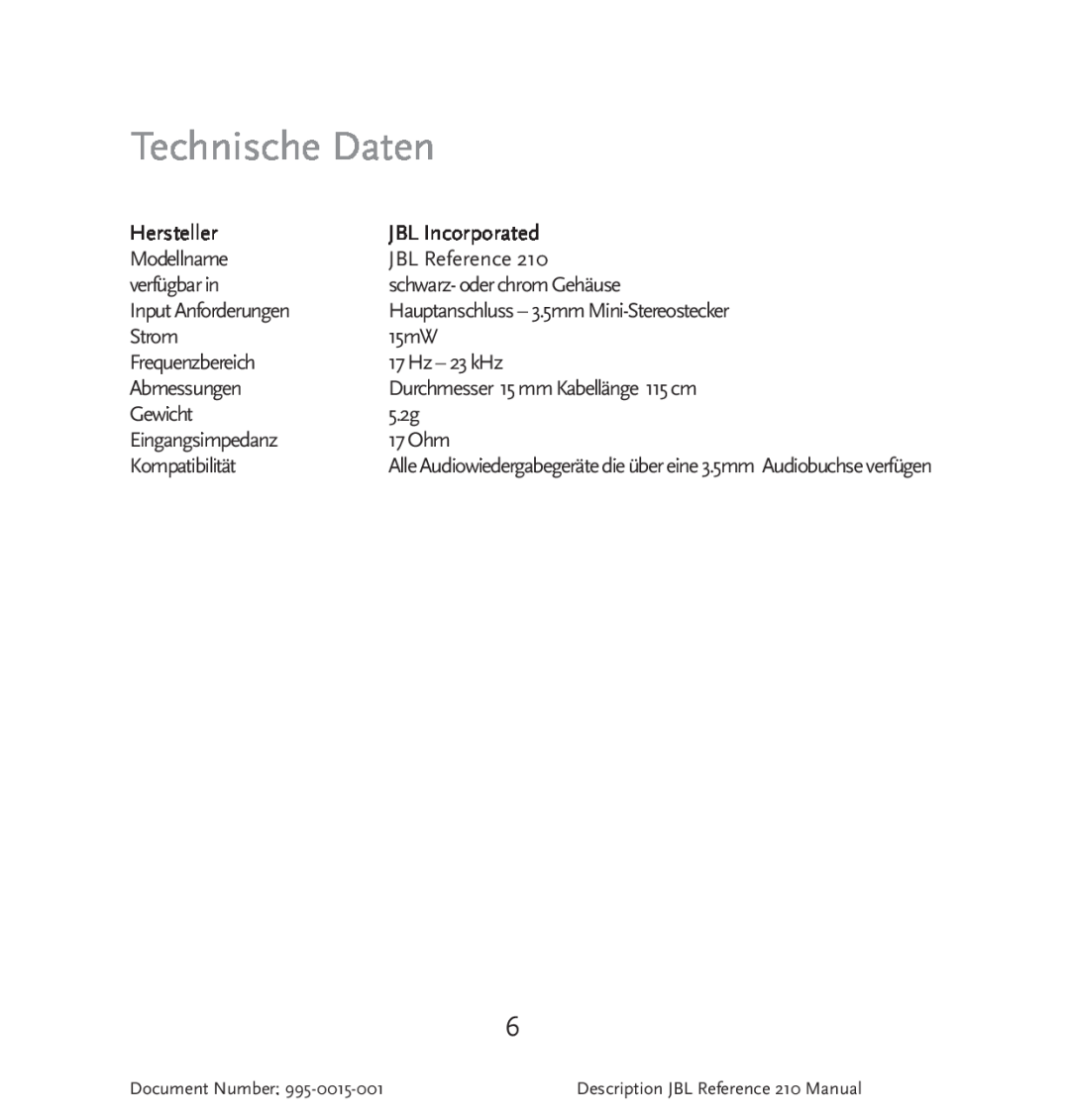 JBL 210 manual Technische Daten 