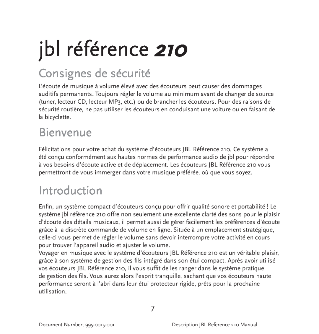 JBL 210 manual Consignes de sécurité, Bienvenue, jbl référence, Introduction 