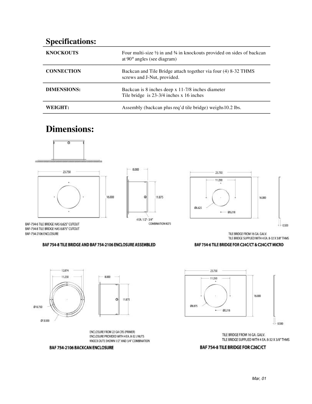 JBL 24C/CT MICRO, 26C/CT manual Specifications, Knockouts, Connection, Dimensions, Weight 