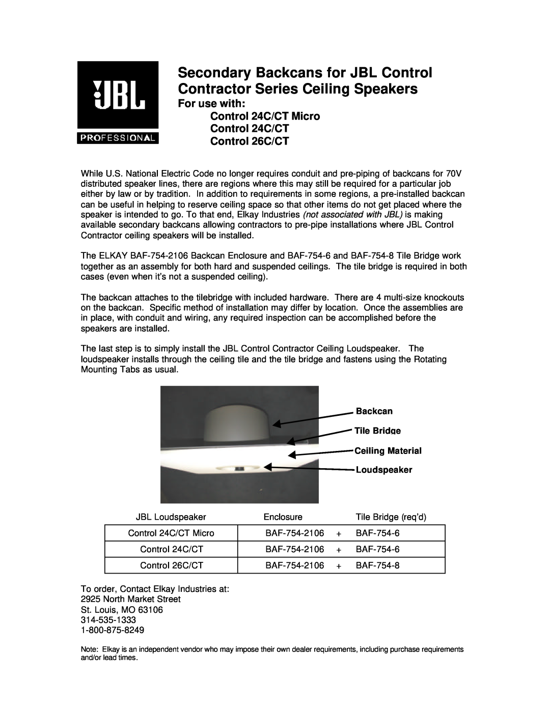JBL 26C/CT, 24C/CT MICRO manual Secondary Backcans for JBL Control Contractor Series Ceiling Speakers 