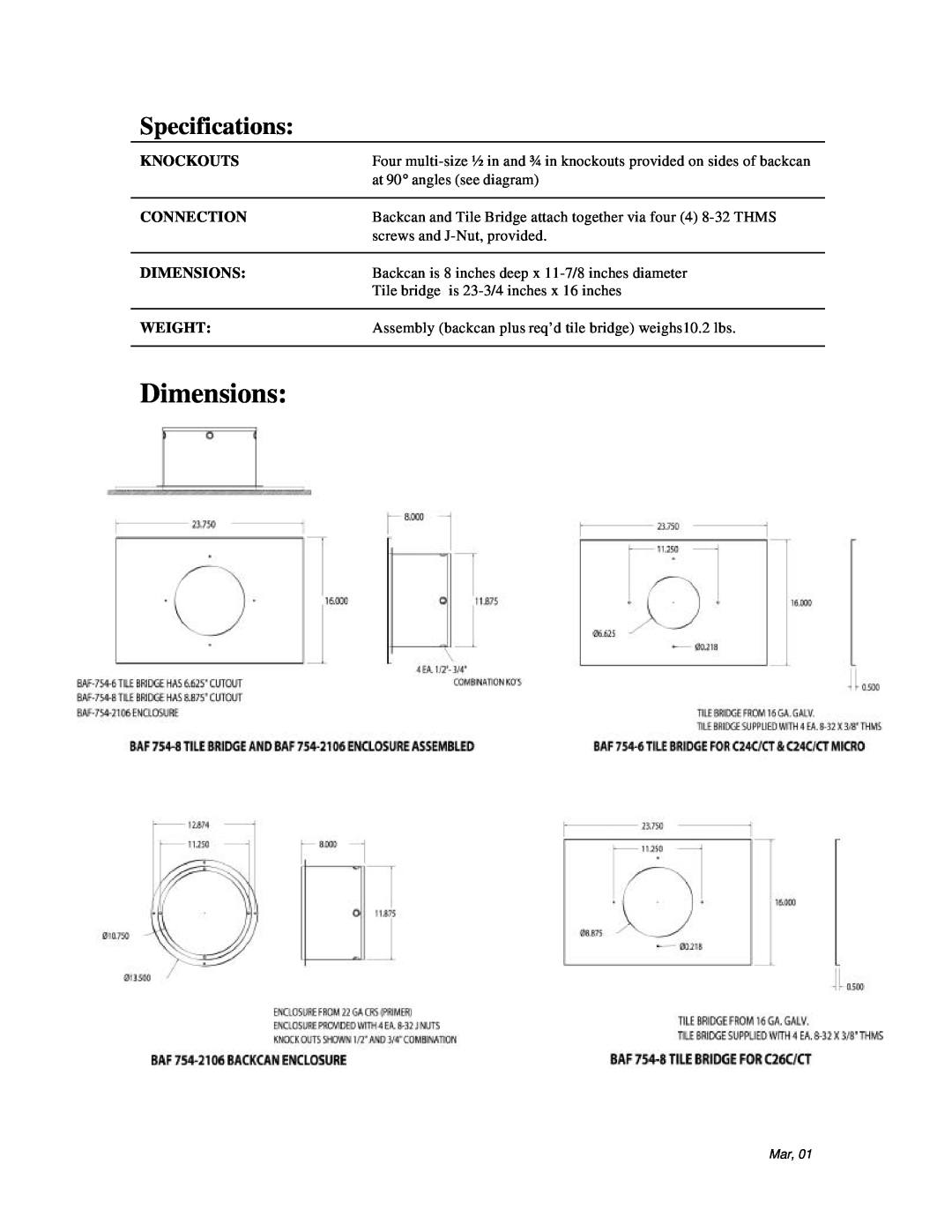 JBL 24C/CT MICRO Dimensions, Specifications, Knockouts, at 90 angles see diagram, Connection, screws and J-Nut, provided 