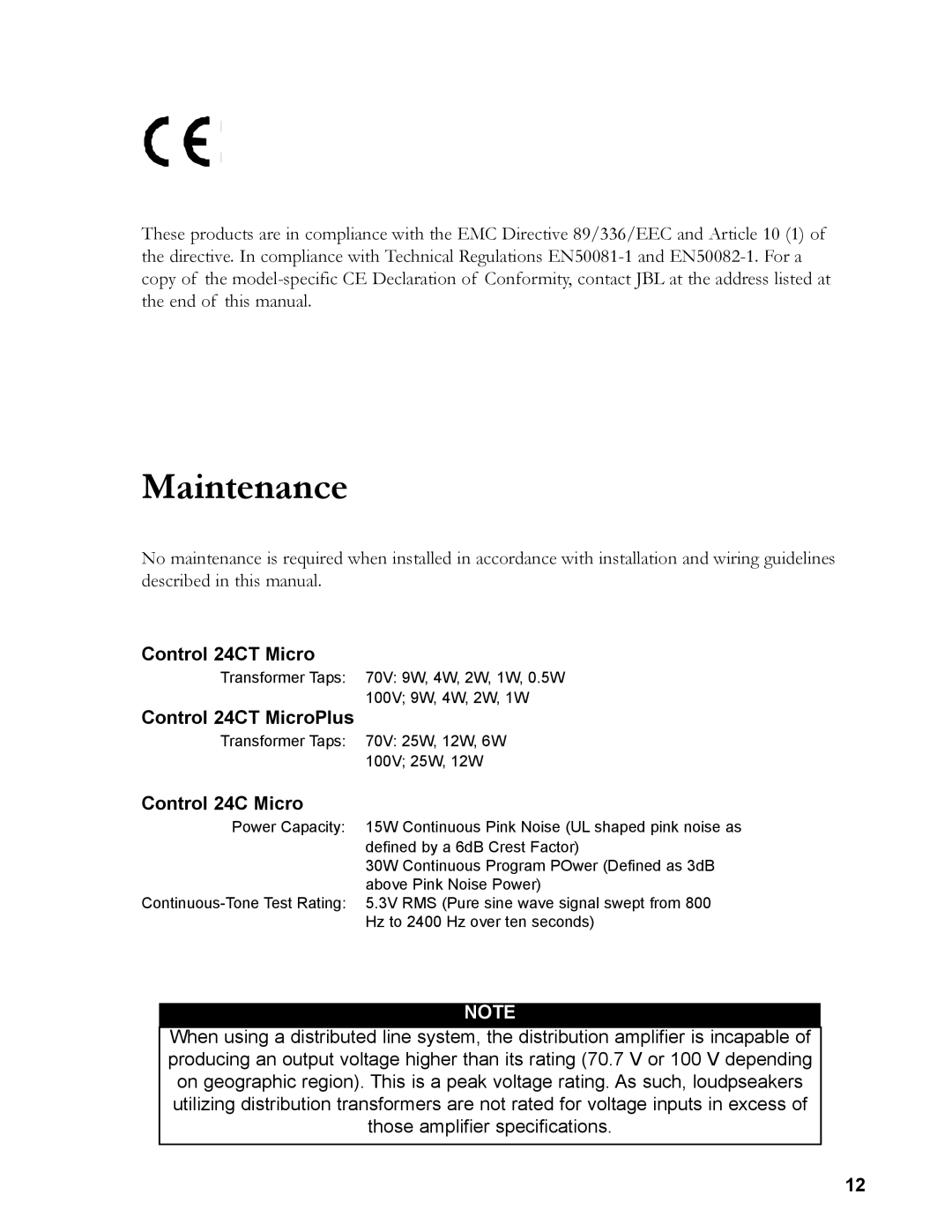 JBL 24C/CT owner manual Maintenance, Control 24C Micro 